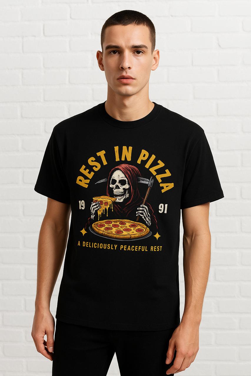 Men - Round Neck Half Sleeve Tshirt - Grim reaper eating pizza