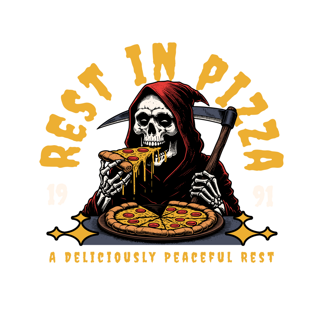 Men - Round Neck Half Sleeve Tshirt - Grim reaper eating pizza