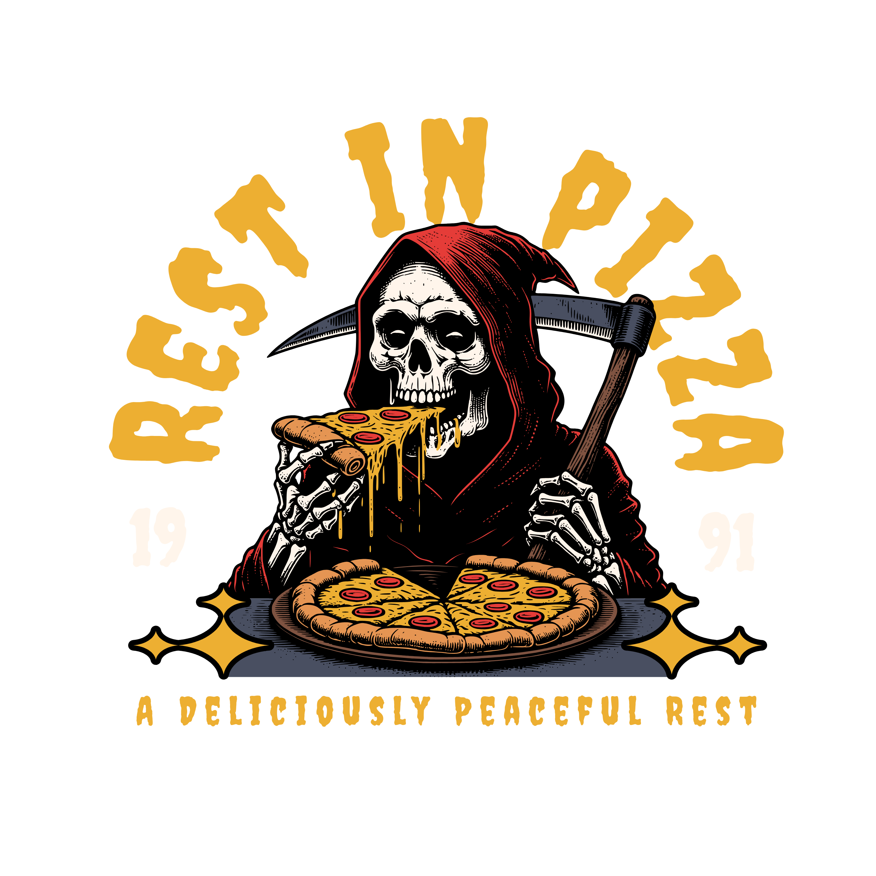Men - Round Neck Half Sleeve Tshirt - Grim reaper eating pizza